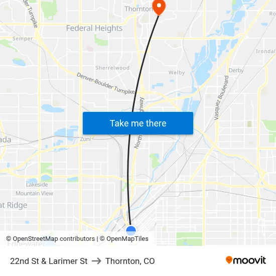22nd St & Larimer St to Thornton, CO map
