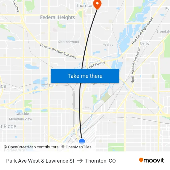 Park Ave West & Lawrence St to Thornton, CO map