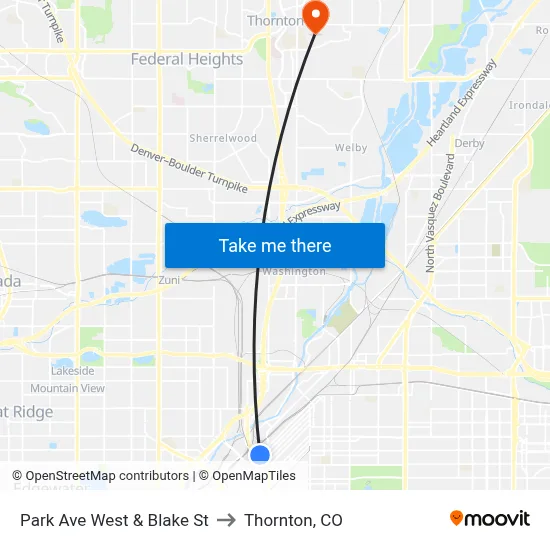 Park Ave West & Blake St to Thornton, CO map