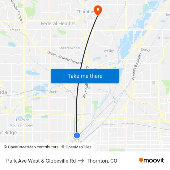 Park Ave West & Globeville Rd to Thornton, CO map