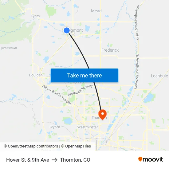 Hover St & 9th Ave to Thornton, CO map