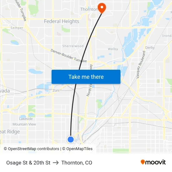 Osage St & 20th St to Thornton, CO map