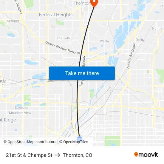 21st St & Champa St to Thornton, CO map