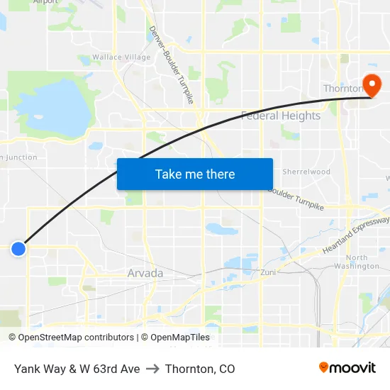 Yank Way & W 63rd Ave to Thornton, CO map