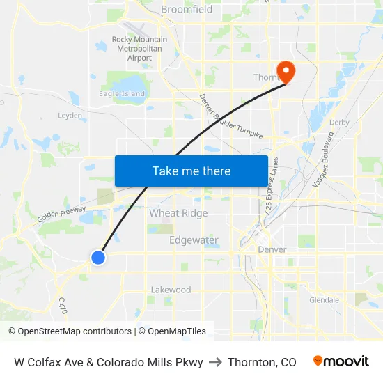 W Colfax Ave & Colorado Mills Pkwy to Thornton, CO map