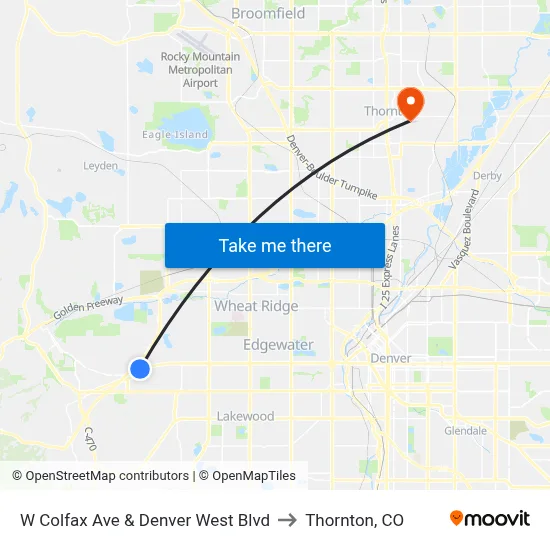 W Colfax Ave & Denver West Blvd to Thornton, CO map