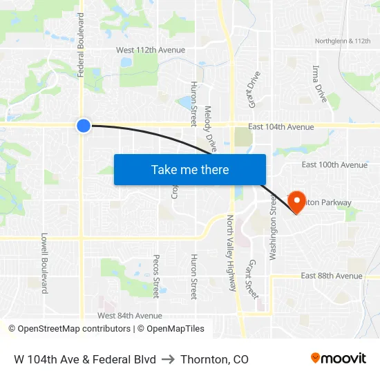 W 104th Ave & Federal Blvd to Thornton, CO map