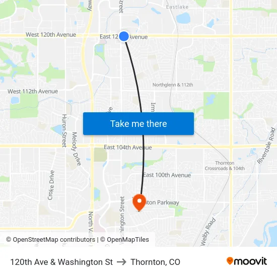 120th Ave & Washington St to Thornton, CO map
