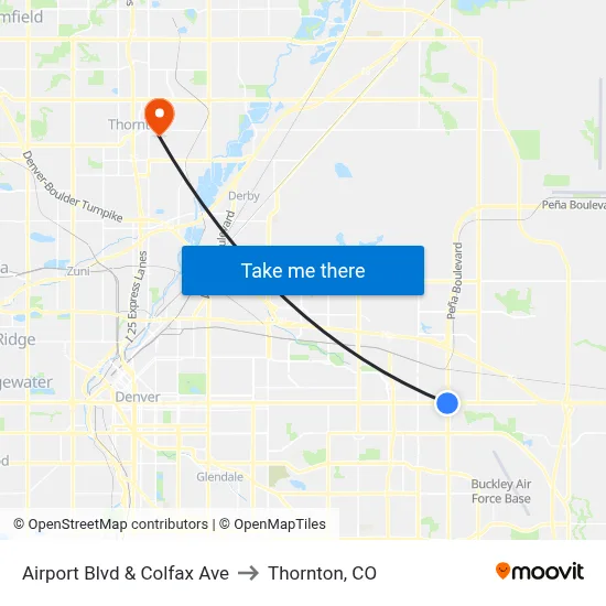 Airport Blvd & Colfax Ave to Thornton, CO map