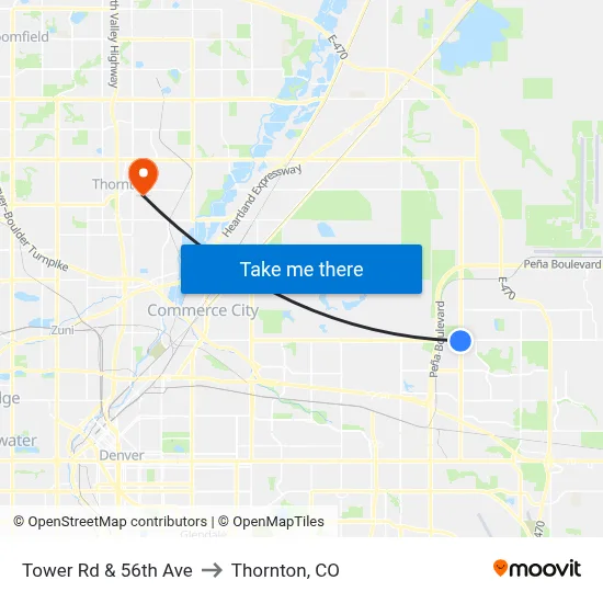 Tower Rd & 56th Ave to Thornton, CO map