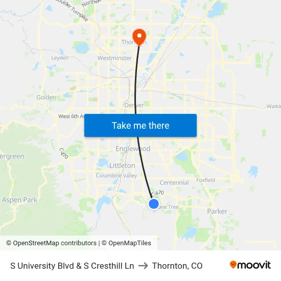 S University Blvd & S Cresthill Ln to Thornton, CO map