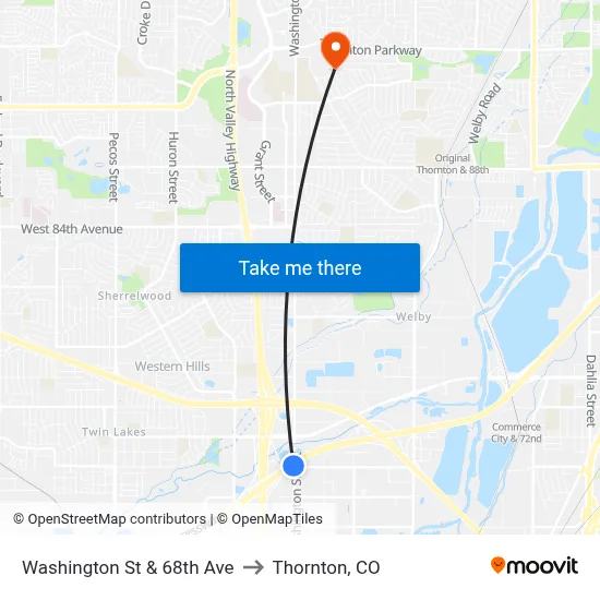 Washington St & 68th Ave to Thornton, CO map