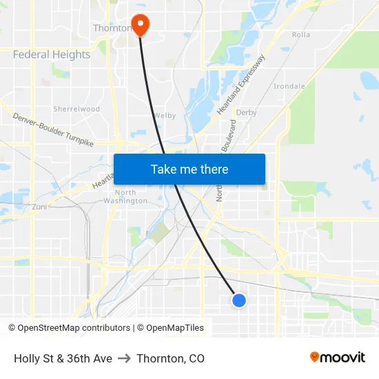 Holly St & 36th Ave to Thornton, CO map