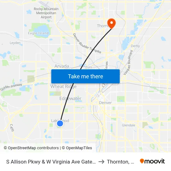 S Allison Pkwy & W Virginia Ave Gate B to Thornton, CO map