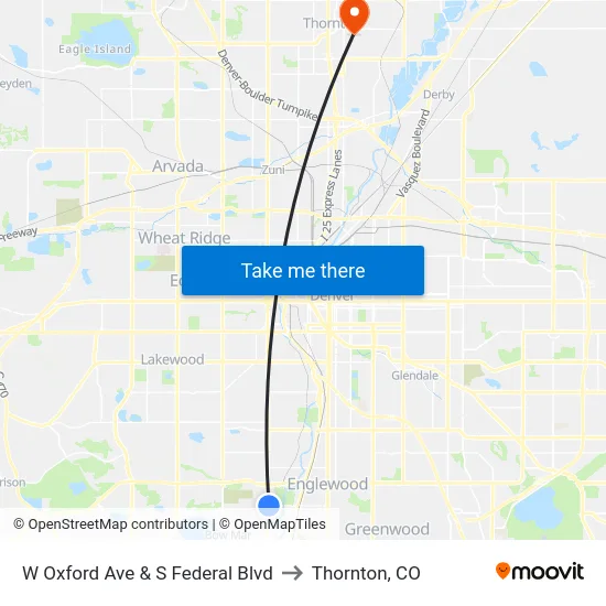 W Oxford Ave & S Federal Blvd to Thornton, CO map