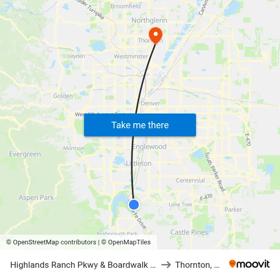 Highlands Ranch Pkwy & Boardwalk Dr to Thornton, CO map