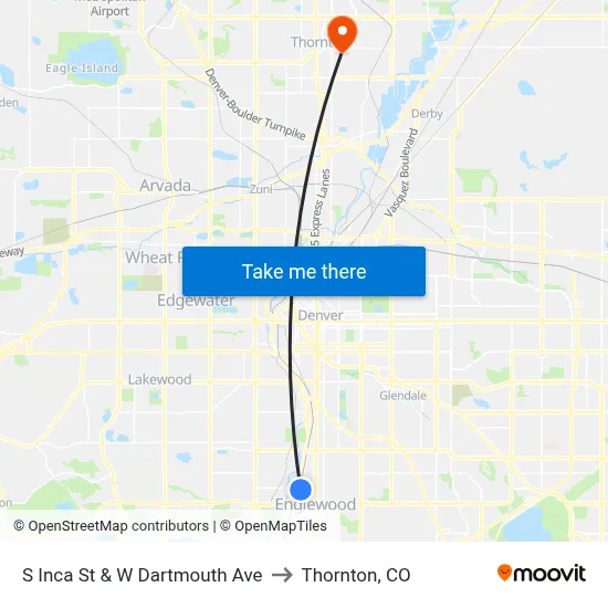 S Inca St & W Dartmouth Ave to Thornton, CO map