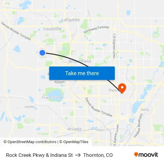 Rock Creek Pkwy & Indiana St to Thornton, CO map