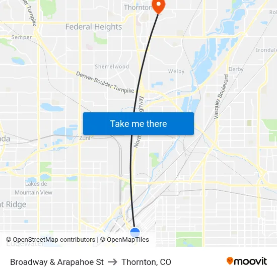 Broadway & Arapahoe St to Thornton, CO map