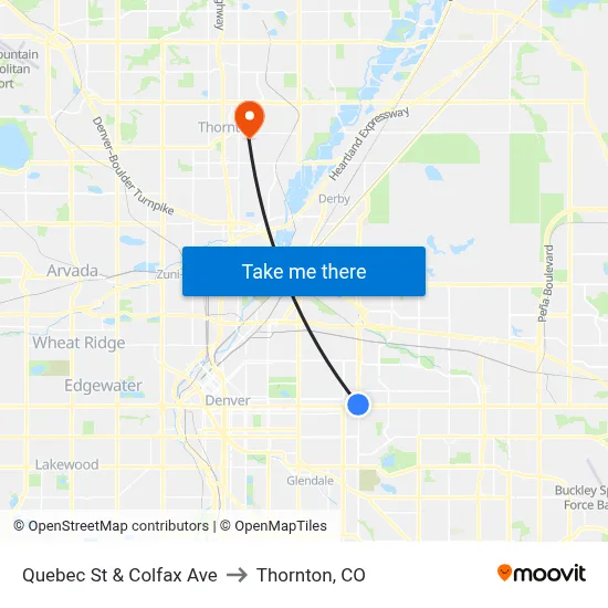 Quebec St & Colfax Ave to Thornton, CO map