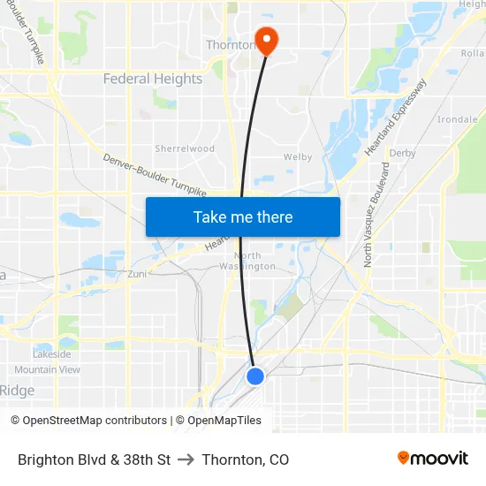 Brighton Blvd & 38th St to Thornton, CO map