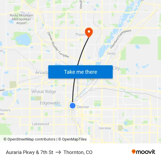 Auraria Pkwy & 7th St to Thornton, CO map
