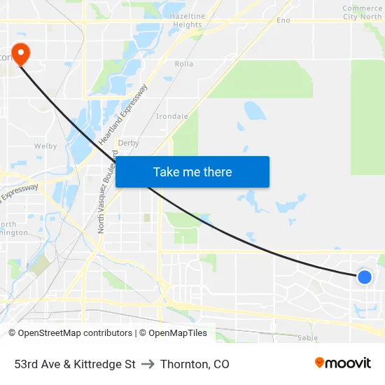 53rd Ave & Kittredge St to Thornton, CO map