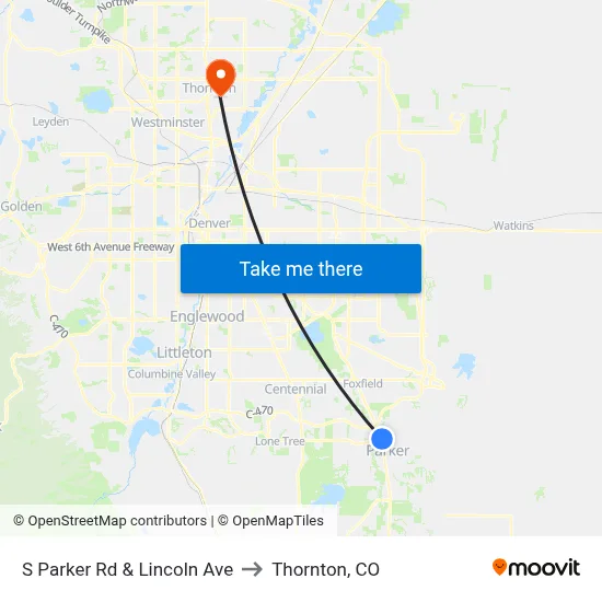 S Parker Rd & Lincoln Ave to Thornton, CO map