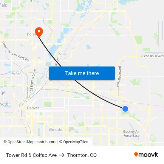Tower Rd & Colfax Ave to Thornton, CO map