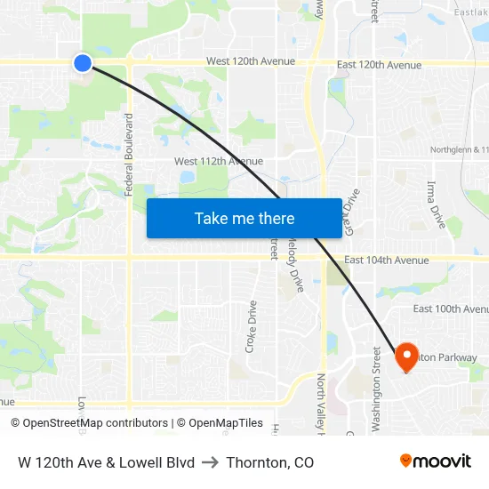 W 120th Ave & Lowell Blvd to Thornton, CO map