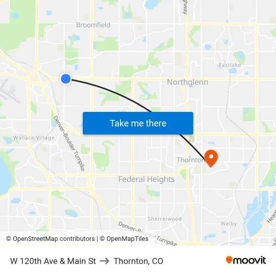 W 120th Ave & Main St to Thornton, CO map