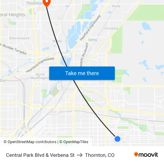 Central Park Blvd & Verbena St to Thornton, CO map