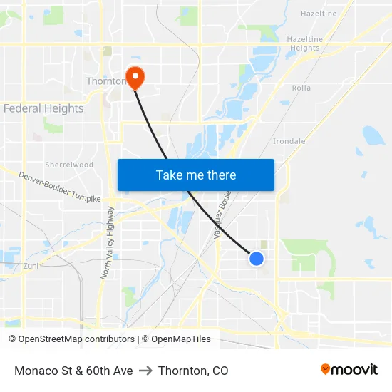 Monaco St & 60th Ave to Thornton, CO map