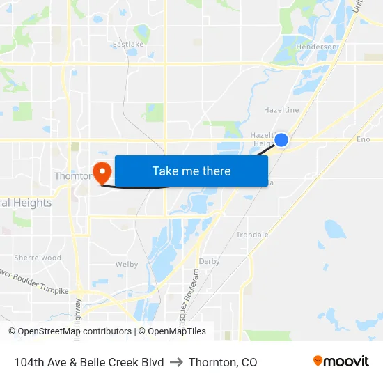 104th Ave & Belle Creek Blvd to Thornton, CO map