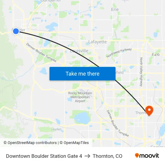 Downtown Boulder Station Gate 4 to Thornton, CO map