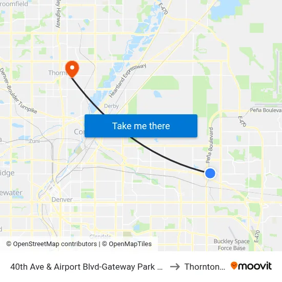 40th Ave & Airport Blvd-Gateway Park Stn Gate B to Thornton, CO map