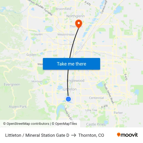 Littleton / Mineral Station Gate D to Thornton, CO map