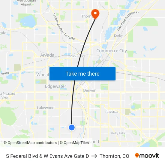S Federal Blvd & W Evans Ave Gate D to Thornton, CO map