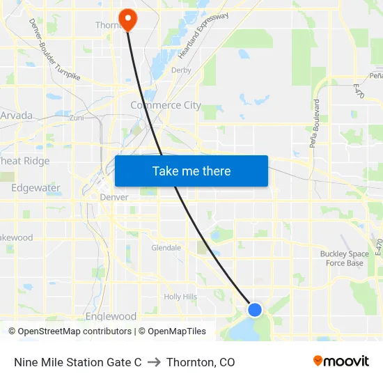 Nine Mile Station Gate C to Thornton, CO map