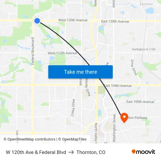 W 120th Ave & Federal Blvd to Thornton, CO map