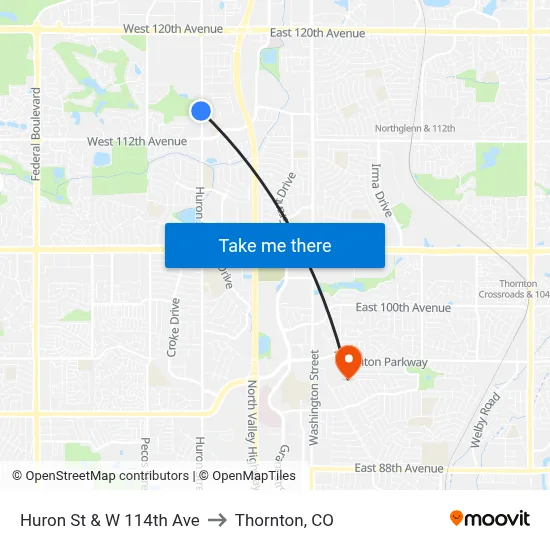 Huron St & W 114th Ave to Thornton, CO map