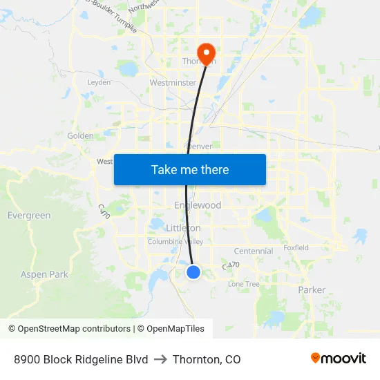 8900 Block Ridgeline Blvd to Thornton, CO map