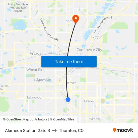 Alameda Station Gate B to Thornton, CO map