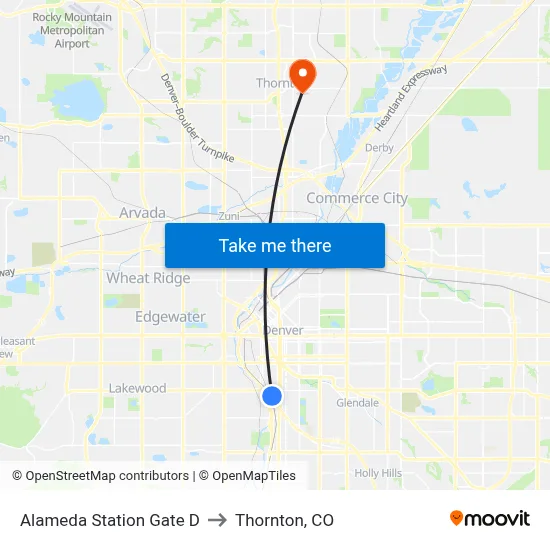 Alameda Station Gate D to Thornton, CO map