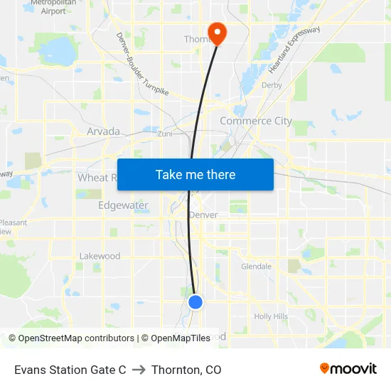Evans Station Gate C to Thornton, CO map