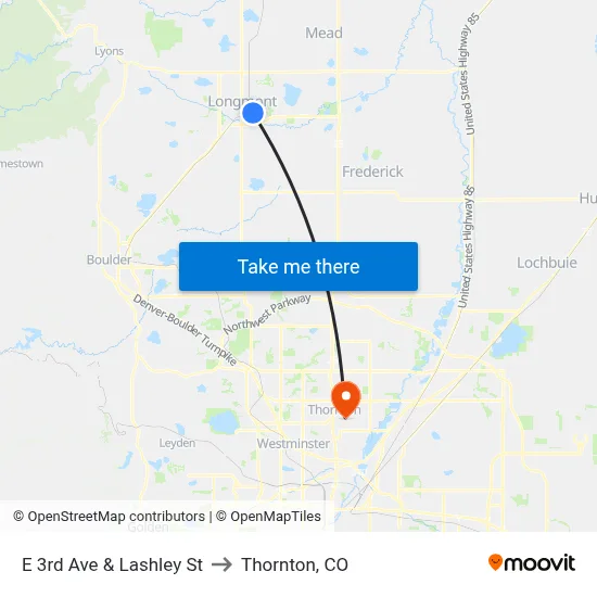 E 3rd Ave & Lashley St to Thornton, CO map