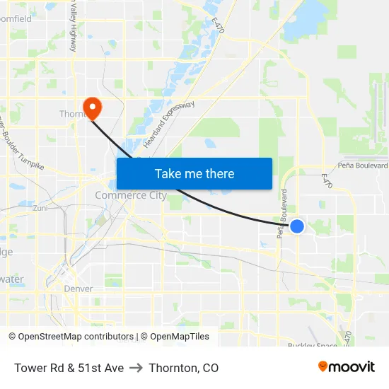 Tower Rd & 51st Ave to Thornton, CO map