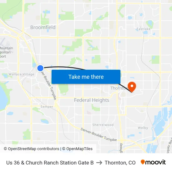 Us 36 & Church Ranch Station Gate B to Thornton, CO map