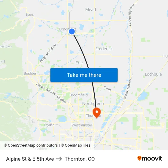 Alpine St & E 5th Ave to Thornton, CO map