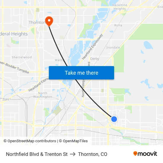 Northfield Blvd & Trenton St to Thornton, CO map